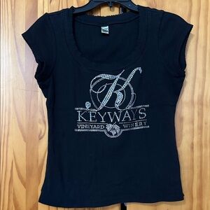 KAVIO! RHINESTONE TEE SHIRT WOMEN XL BLACK-BLING KEYWAYS WINERY RIBBED-NECKLINE